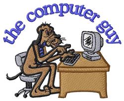 Playful cartoon dog in a blue tie typing at a computer on a desk, featuring whimsical text 'the computer guy'.