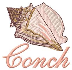 Realistic conch shell with intricate beige and pink hues, elegantly stitched 'Conch' below in flowing script.