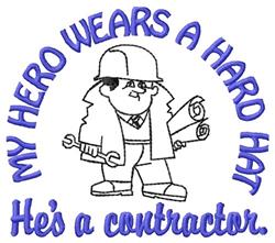 Cartoon male contractor in a hard hat, holding tools, with bold blue text celebrating construction. Standard design.