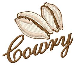 FSL cowrie shells in soft cream and beige with detailed texture, featuring the word 'cowry' in elegant brown cursive.