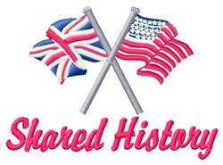 Colorful crossed flags of the UK and US with vibrant red, white, and blue hues, and pink 'Shared History' text, perfect for p