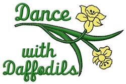 Whimsical daffodils in vibrant yellow with green stems, featuring the playful text 'Dance with Daffodils' for a cheerful spri