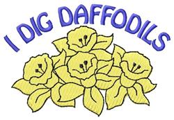 Whimsical spring design of layered yellow daffodils with playful blue text 'I DIG DAFFODILS'.