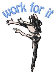 Dynamic dancer in black leaps gracefully with the motivational phrase 'work for it' above in playful blue.