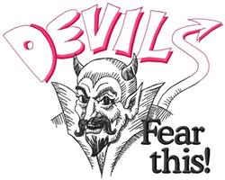 Playful devil character with exaggerated horns and smirk, featuring bold pink typography reading 'DEVILS' for Halloween.