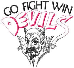 Bold graphic devil figure with curly mustache and horns, featuring playful lettering 'GO FIGHT WIN DEVILS' in vibrant colors.