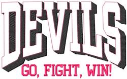 Bold text 'DEVILS' with white outline and vibrant pink 'GO, FIGHT, WIN!' below, perfect for sports events.