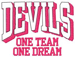 Bold 'DEVILS' in vibrant pink with 'ONE TEAM ONE DREAM' below, sporty design perfect for sports events.