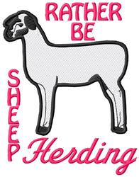 Playful dog with black outlines and pink text ‘RATHER BE SHEEP HERDING’, ideal for humorous embroidery.