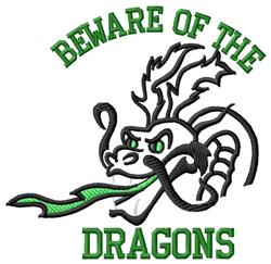 Cartoon dragon with bold outlines and green accents, featuring 'BEWARE OF THE' text above and 'DRAGONS' below.
