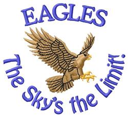Colorful eagle in flight with intricate brown feathers, surrounded by bright blue text: 'EAGLES' and 'The Sky's the Limit!'