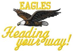 Bold eagle in flight with detailed feathers, surrounded by 'EAGLES' and 'Heading your way!' text.