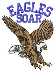 Dynamic eagle in flight with intricate feather details and bold text 'EAGLES SOAR' in blue.