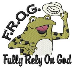 Playful frog in a white hat and green body with black spots, featuring 'F.R.O.G.' text in cheerful embroidery.