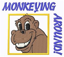Cartoon gorilla with a big smile, outlined in vibrant yellow, features playful 'MONKEYING AROUND!' text in bold blue.
