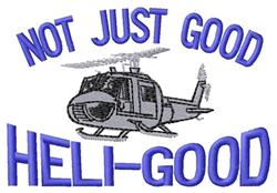 Whimsical helicopter with bold text 'NOT JUST GOOD', 'HELI-GOOD' in blue hues, vibrant design perfect for casual use.