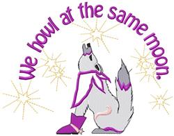 Howling wolf with colorful scarf and boots, surrounded by stars and text, 'We howl at the same moon'.