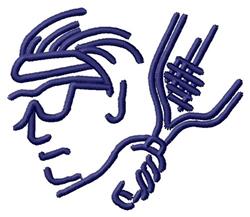 Minimalistic line art human head in profile with bold features, sunglasses, and a fork, in deep blue.