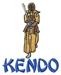Kendo practitioner in vibrant yellow and brown gear wielding a sword, with bold blue 'KENDO' text below. Playful cartoon styl