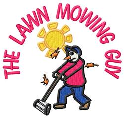 Cartoonish lawn mowing guy under a bright yellow sun with vibrant colors and playful text in pink.