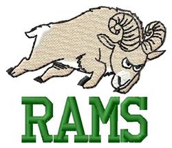 Leaping ram with cream horns and expressive face, bold green 'RAMS' text, sporty embroidery design.