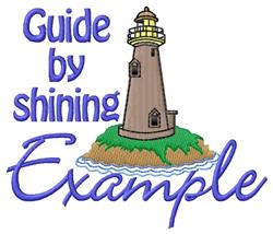 Colorful lighthouse on an island with waves and lush grass, featuring playful text: 'Guide by shining Example'.