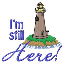 Colorful lighthouse on a green island with blue waves, featuring the playful text 'I'm still Here!' in vibrant hues.