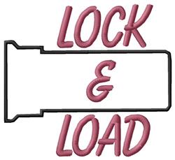 Bold text 'LOCK & LOAD' in vibrant pink with a sleek black outline, perfect for playful embroidery.