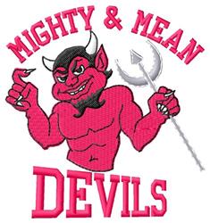 Cartoonish devil character with muscular build, vibrant red and pink hues, and pitchfork, holding 'MIGHTY & MEAN DEVILS' text