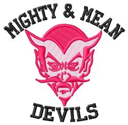 Bold pink devil character with pointed ears and mustache, 'MIGHTY & MEAN' in black above, playful cartoon style.