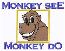Colorful cartoon monkey face with a happy smile, surrounded by blue 'Monkey see Monkey DO' text and a yellow frame.
