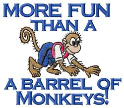 Playful cartoon monkey wearing a pink vest and blue pants, surrounded by bold text on a colorful background.