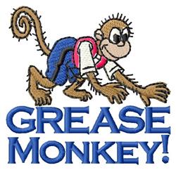 Playful cartoon monkey in a white shirt with blue and pink accents, featuring large eyes and spiky hair, with 'GREASE MONKEY!