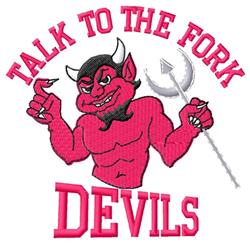 Cartoon devil character in pink with a muscular build, holding a pitchfork and playful text reading 'TALK TO THE FORK'.