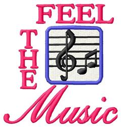 Playful musical notation design featuring bold pink 'FEEL THE Music', blue square with staff lines and vibrant notes.