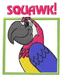 Cartoon parrot with vibrant pink, purple, and yellow colors, bold outlines, and playful expression.