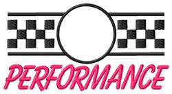 Bold text design 'PERFORMANCE' in pink, framed by a checkered border with a circular empty space. Suitable for motorsports.