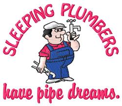 Playful cartoon plumber in blue overalls with a wrench, holding tools under 'SLEEPING PLUMBERS' text.