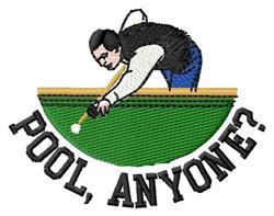 Cartoonish man in a black vest aiming a cue stick on a vibrant green pool table with playful text 'POOL, ANYONE?'.