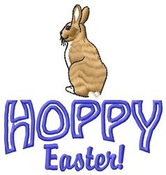 Playful rabbit in realistic style with colorful 'HOPPY Easter!' text below, perfect for festive decor.