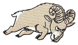 Playful ram with curved horns in a leaping pose, illustrated in soft beige tones.