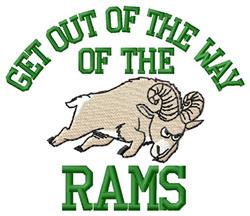 Cartoon ram in motion with exaggerated horns, bold colors, and 'GET OUT OF THE WAY' text for playful kitchen towel design.