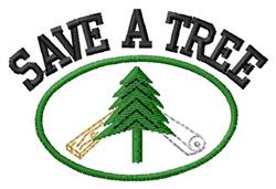Bold tree design featuring a vibrant green tree, two logs, and 'SAVE A TREE' in black text within a circular green border.