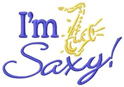 Playful text 'I'm Saxy!' in vibrant purple and yellow with saxophone and musical notes, perfect for embroidery.