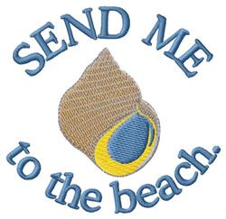 Playful shell with vibrant blue text 'SEND ME to the beach' in earthy tones, perfect for summer decor.