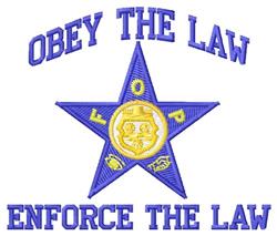 Sheriff's badge with a golden center and blue star, featuring 'OBEY THE LAW' and 'ENFORCE THE LAW' text.