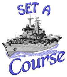 Playful ship design in shades of gray with waves in light blue and bold text 'SET A Course', perfect for nautical themes.