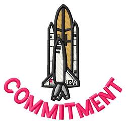 Colorful space shuttle design with bold white and gray tones, featuring the word 'COMMITMENT' in cheerful pink.
