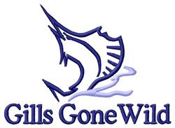 Stylized fish in bold blue with playful waves below, featuring 'Gills Gone Wild' text in nautical style.