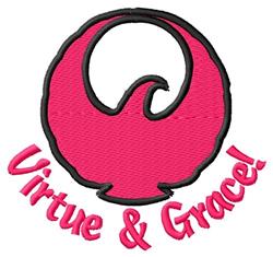 Stylized phoenix in vibrant pink with a bold black outline and text 'Virtue & Grace!' beneath, modern design.